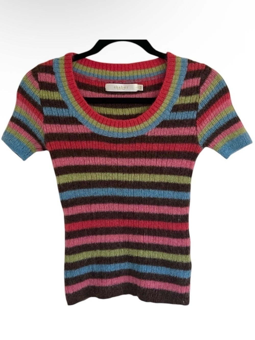 Chaber Stripe Rainbow Multicolored Fuzzy Short Sleeve Sweater Approx XS